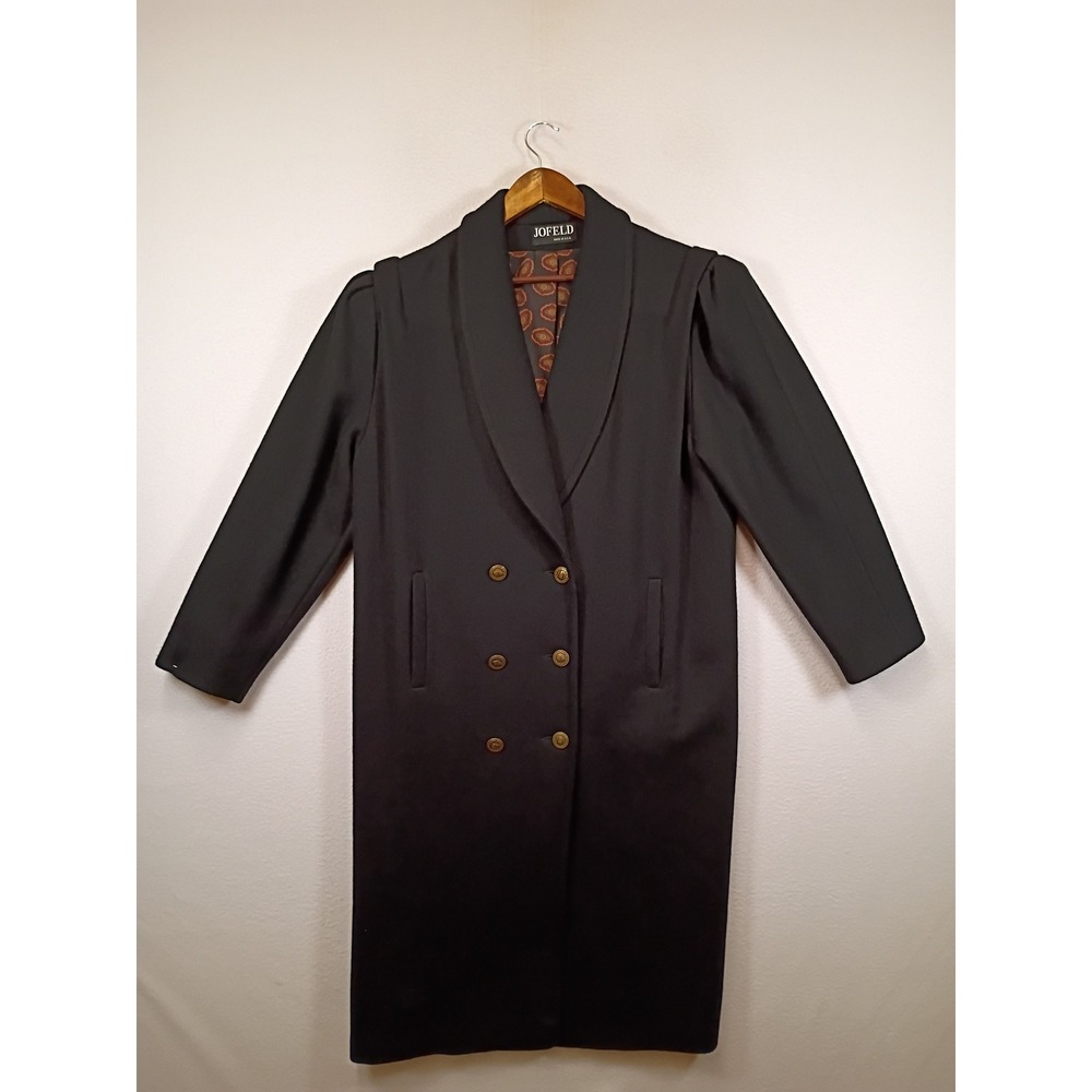 Vintage Dark Academia Jofeld Womens L Black Wool Blend Puff Sleeve Longline Coat
